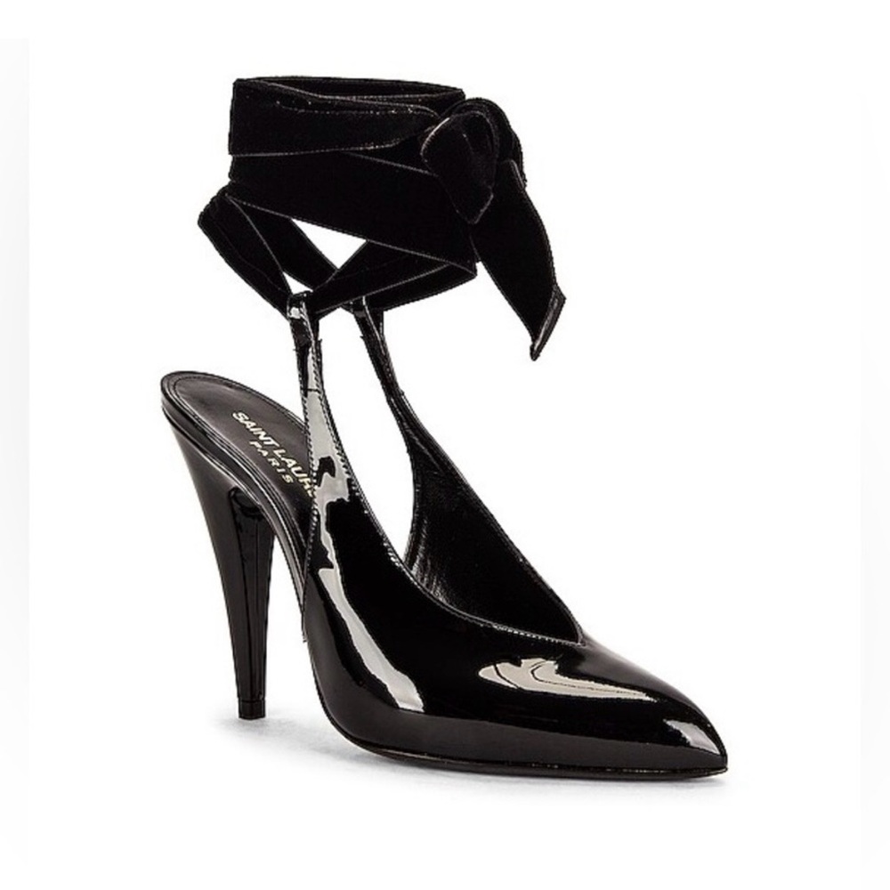 Saint Laurent Venus 95 Lace Up Patent Leather Sling Back Heels